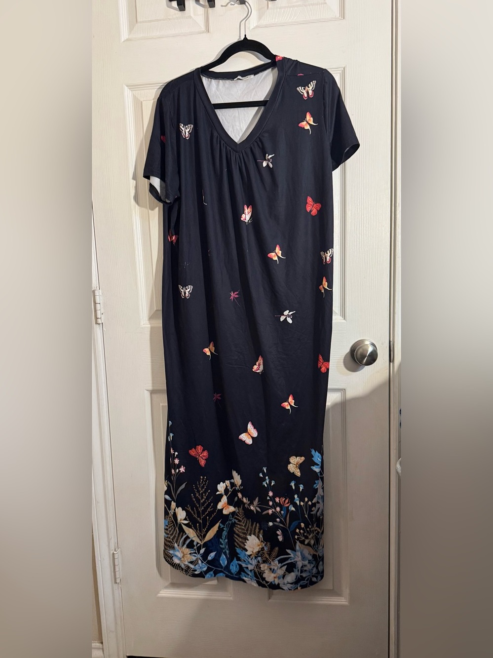 Ekouaer Women's Navy Butterfly & Floral V-Neck Maxi Dress Lounge 2XL